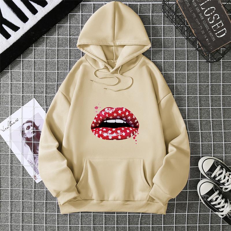 Loose Long Sleeve Women's Hoodie Lip Print Trendy Plus Size Cross-Border Pattern Crew Neck Regular Length Girl Style