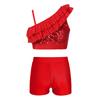 Девочки Комплект из блестящего укороченного топа и шорт Асимметричные бретели-воланы Дизайн V-образный вырез Пояс на талии Шорты Соревнование по танцам