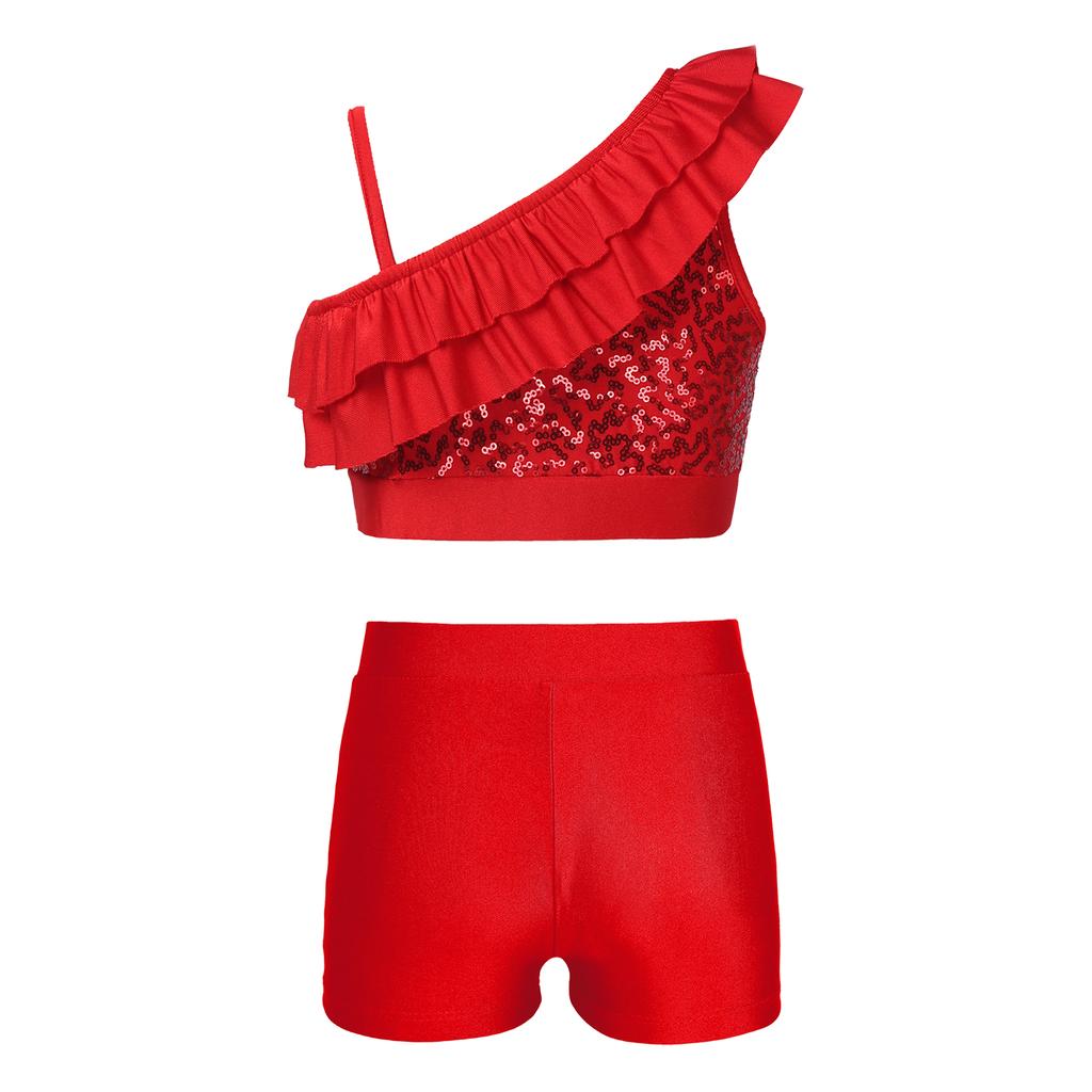 Девочки Комплект из блестящего укороченного топа и шорт Асимметричные бретели-воланы Дизайн V-образный вырез Пояс на талии Шорты Соревнование по танцам