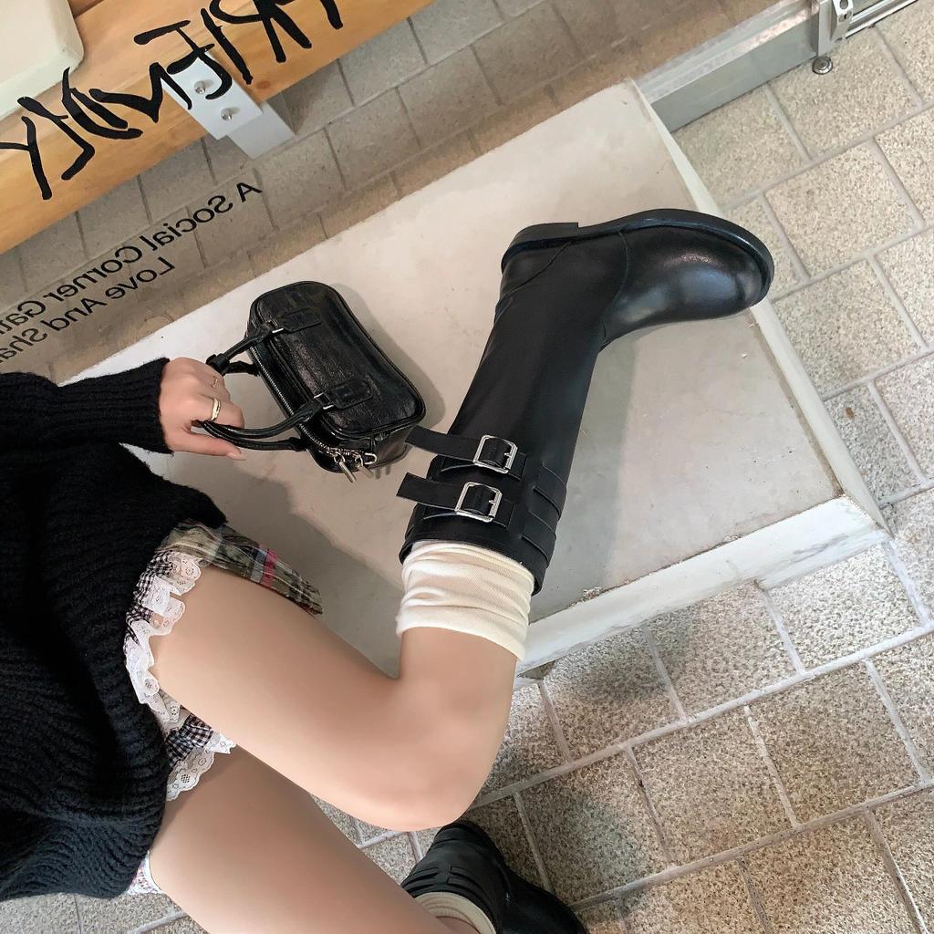 Cowhide Black Handsome Belt Buckle Low Heel High Tube Skinny Locomotive Boots Leather Boots Round Head Knight Boots Women's Boots