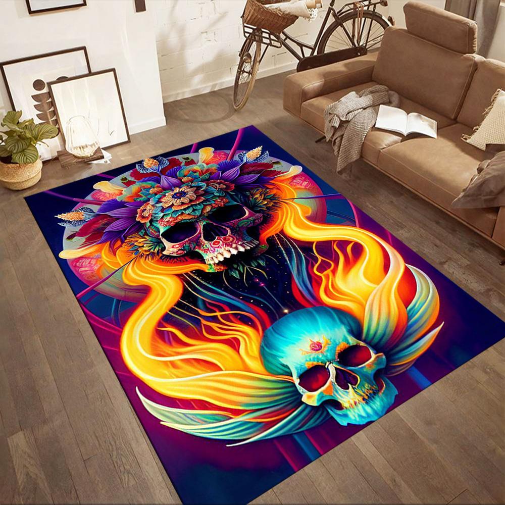 Eerie Skull In Flames Floor Mats for Living Room, Bedroom and Room Decoration Are Suitable for Gifts.