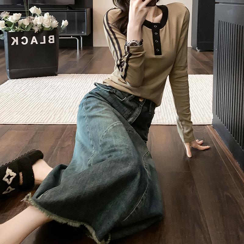 Весенне-летняя женская джинсовая юбка. Открытая джинсовая юбка до половины тела. Тонкая юбка с высокой талией. Мясное грушевидное боди в длинной юбке А-силуэта.