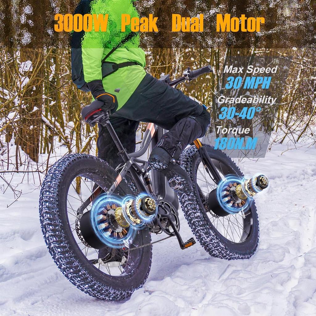 BURCHDA HC26 Электрический горный велосипед с двойным мотором 3000 Вт, аккумулятор 48 В 30 Ач, 26-дюймовый электрический горный велосипед для мужчин, электрический городской велосипед 120 км