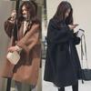 Women's Black Mid-Length Woolen Windbreaker Jacket - Korean Style, Loose Fit, Small Size, Versatile Autumn/Winter Coat