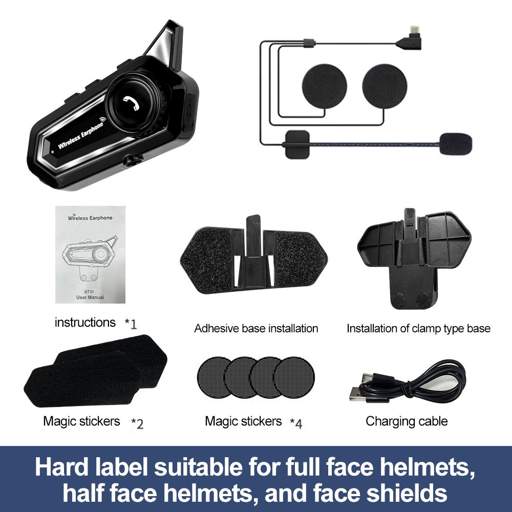 BT31 Гарнитура для мотоциклетного шлема, комплект для громкой связи, водонепроницаемая, с шумоподавлением, беспроводные мотоциклетные наушники со светодиодной подсветкой
