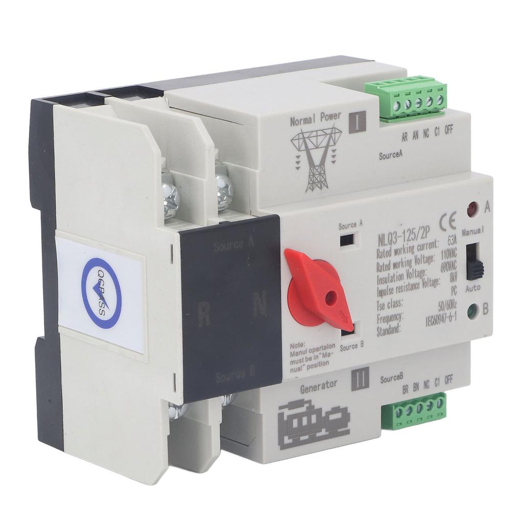 2P Dual Power Automatic Transfer Switch Generator Transfer Changeover Switch AC110V 50Hz 60Hz 63A
