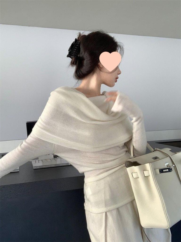 Женский облегающий трикотажный топ с открытыми плечами во французском стиле: Плиссированный дизайн Весна/Осень