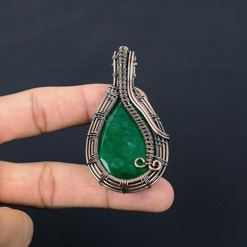 Lab-Created Emerald Gemstone Pure Copper Wire Wrapped Handmade Pendant Jewelry