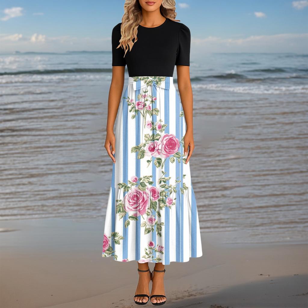 Женское модное повседневное платье с поясом, коротким рукавом, круглым вырезом и принтом, элегантное и темпераментное