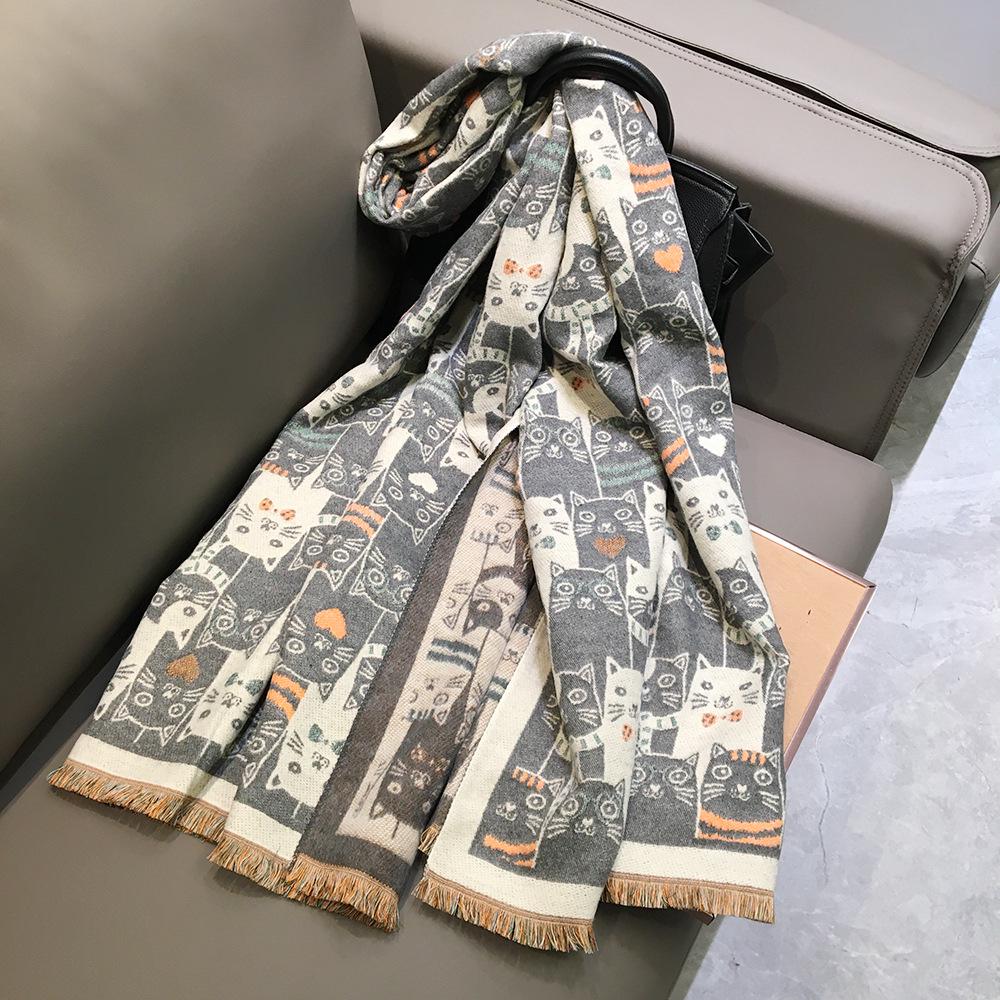 Cartoon Cat Cashmere Feel Tassel Scarf & Shawl - Women's Autumn/Winter Dual-Use Long Style
