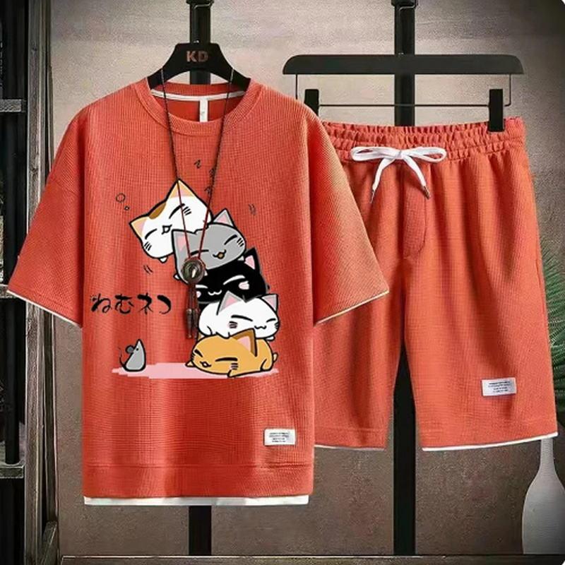 2024 Мужской летний вафельный комплект, брендовая мода, повседневный комплект из футболки и шорт, мужской спортивный комплект, свободный, удобный, комплект из двух предметов