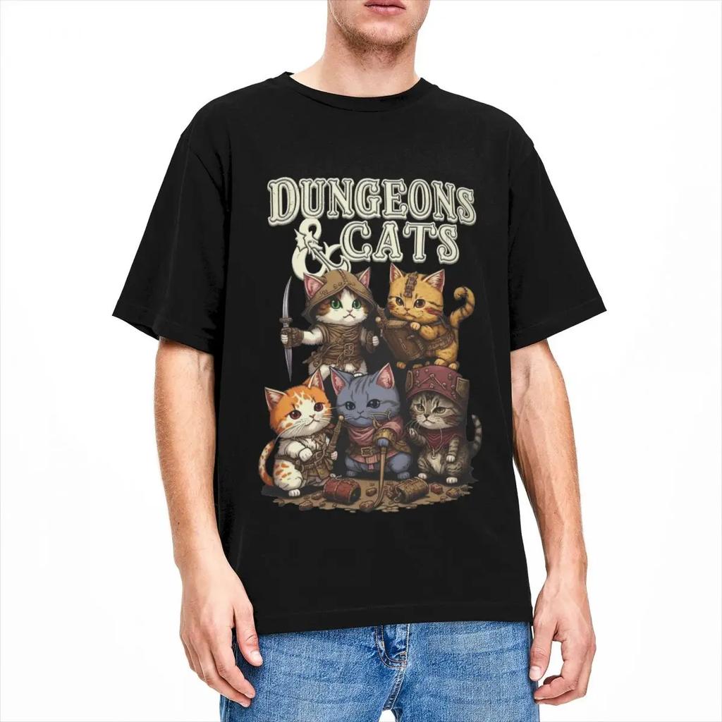 Мужская женская футболка Dungeon Dragon Cats, одежда Kawaii Cat, футболка из чистого хлопка, забавная футболка на все сезоны