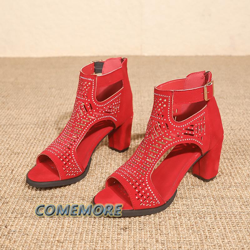 Модные женские сандалии, лето 2024, новые толстые каблуки со стразами, модные сандалии для женщин, повседневная обувь на платформе с открытым носком, для отдыха на природе