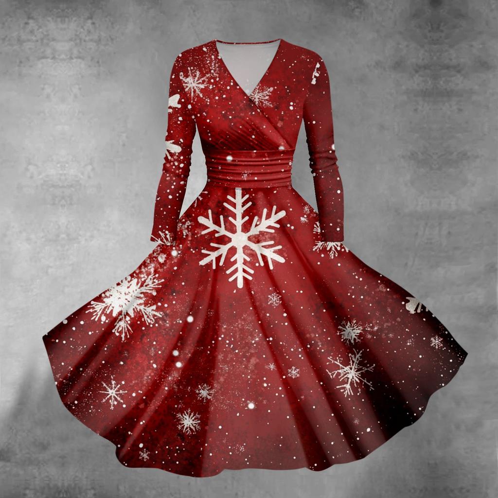 Women's Christmas Tree Snowflake Print V-Neck Slim Fit Long Sleeve Swing Dress