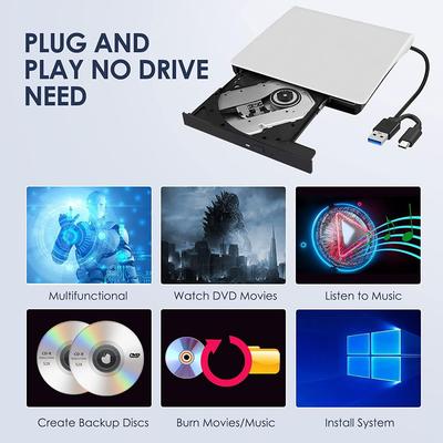 Внешний CD DVD RW привод-писатель USB3.0 Type-c Портативный DVD-плеер-ридер Оптические приводы Для ноутбука ПК Windows11 10 Mac Linux OS