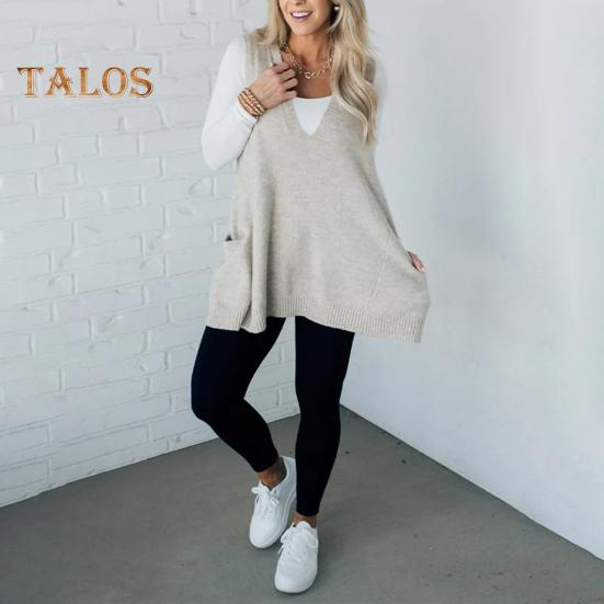 Женский свитер с V-образным вырезом, без рукавов, однотонный вязаный жилет с карманами, ребристая отделка, свободный крой, средняя длина, повседневный трикотаж