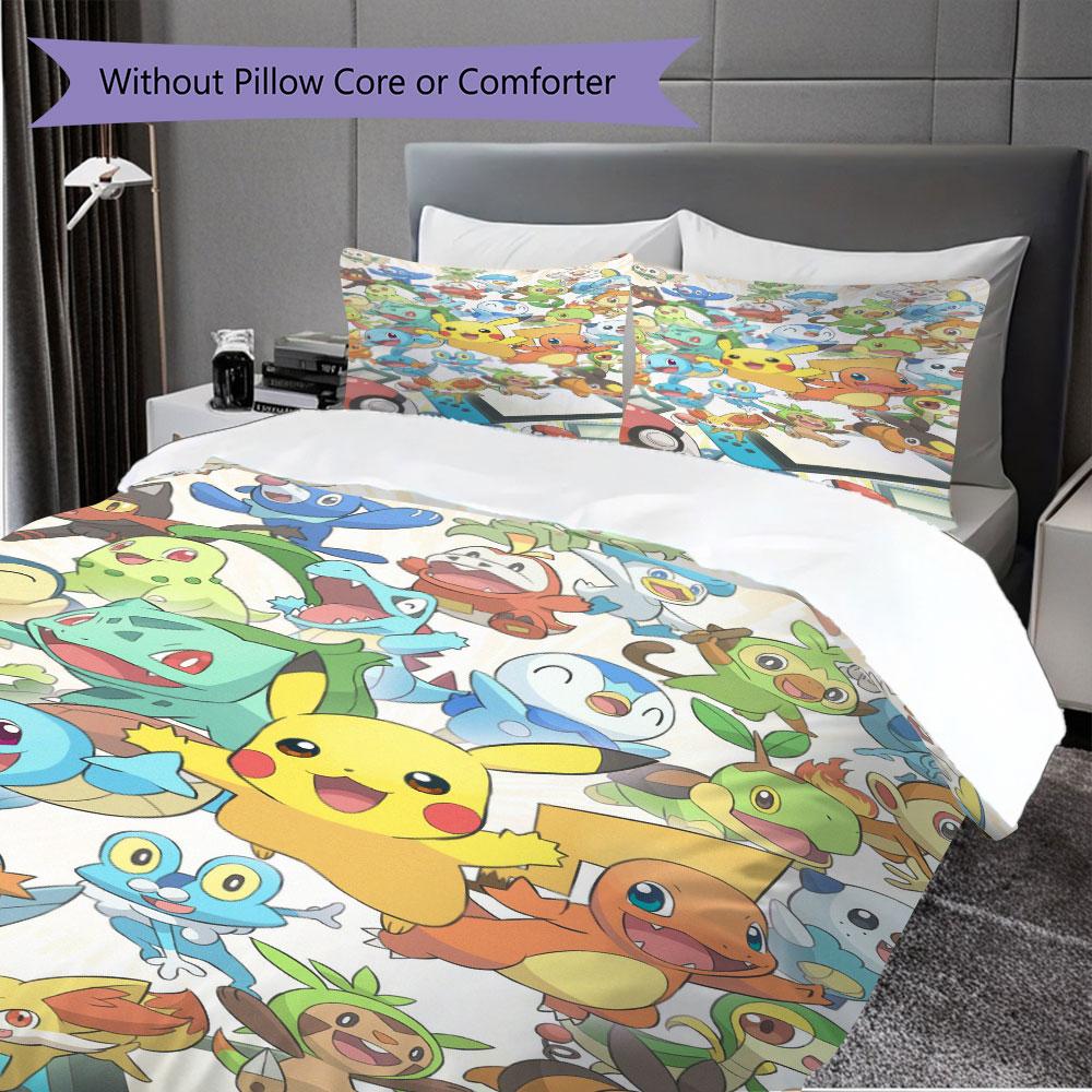 3pcs Pokémon-print bedding set includes a duvet cover and a pair of pillowcases (filling not included), perfect for bedroom use.