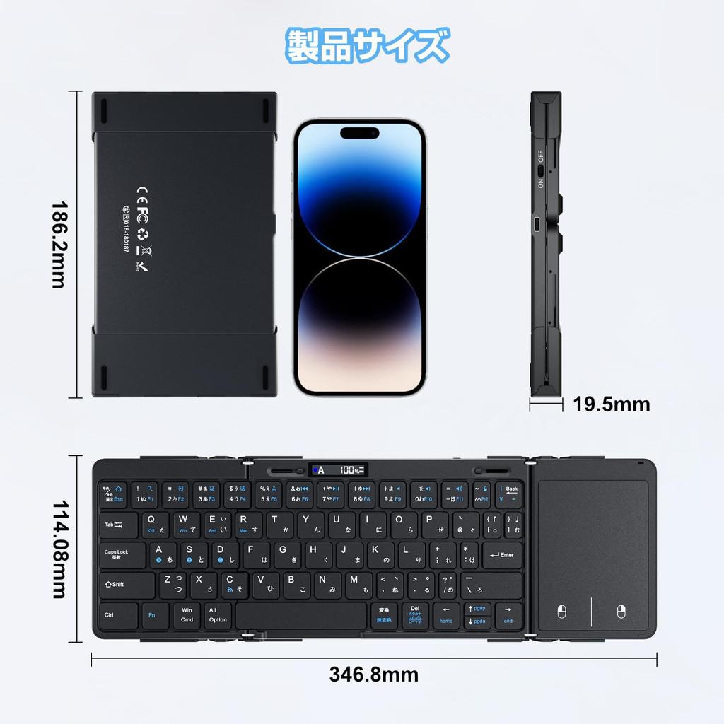 Ewin Складная беспроводная Bluetooth-клавиатура с японской раскладкой, совместимая с и LED-индикатором уровня заряда батареи, полностью алюминиевый корпус JIS, в комплекте, раскладка, 3 устройства