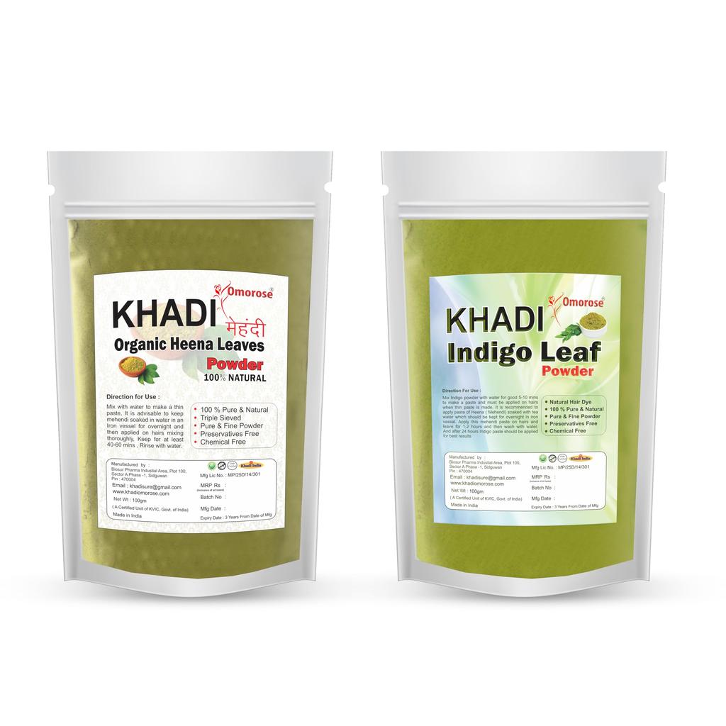 Порошок Khadi Omorose Indigo и порошок Heena для натуральной краски для волос (100 граммов каждый) | Всего 200 грамм | Чистый и натуральный