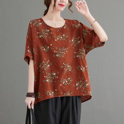 Летняя женская блузка с цветочным принтом больших размеров, повседневная свободная блузка с рукавами «летучая мышь» и круглым вырезом для женщин