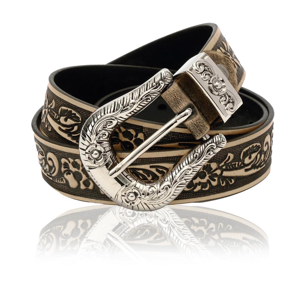 Laquest Sheridan Резной Кожаный Ремень с Тиснением в Западном Стиле для Мужчин с D-Пряжкой (Кремовый цвет)