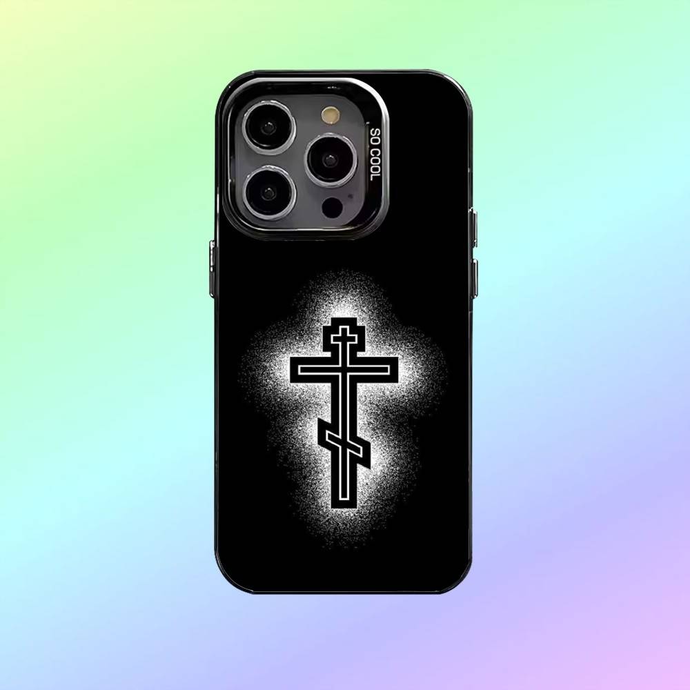 Чехол для телефона с иконкой Православного Креста О- для iPhone17,16,15,14,13,12,11 Покрытие с серебряным ободком для камеры Конфетное матовое покрытие