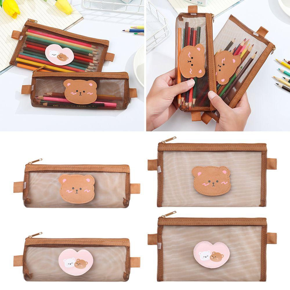 Bear Brown Kawaii Storage Bag Pouches Stationery Mesh Pencil Case Student Pencil Bag