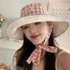 Двусторонняя клетчатая шляпа с широкими краями и шнуровкой, летняя универсальная солнцезащитная кепка для отдыха на открытом воздухе, милые контрастные цветные кепки в клетку для женщин