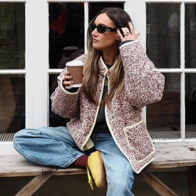 Зимние пальто Женская верхняя одежда Укороченная стеганая куртка Тренд Легкий цветочный принт Длинный рукав Утепленный стеганый кардиган Пальто