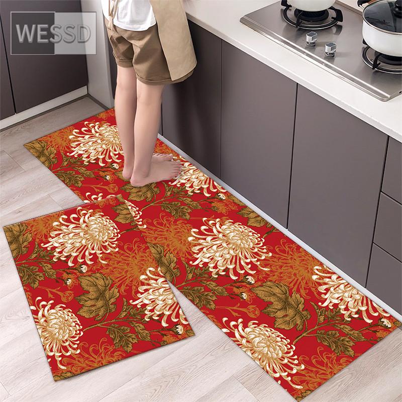 Retro Floral Rug For Kitchen Floor Chinese Style Flower Carpet Runner Home 40x60cm 40x120cm 2 Pieces Laundry Mats Absorbent Non-slip Chair Mat