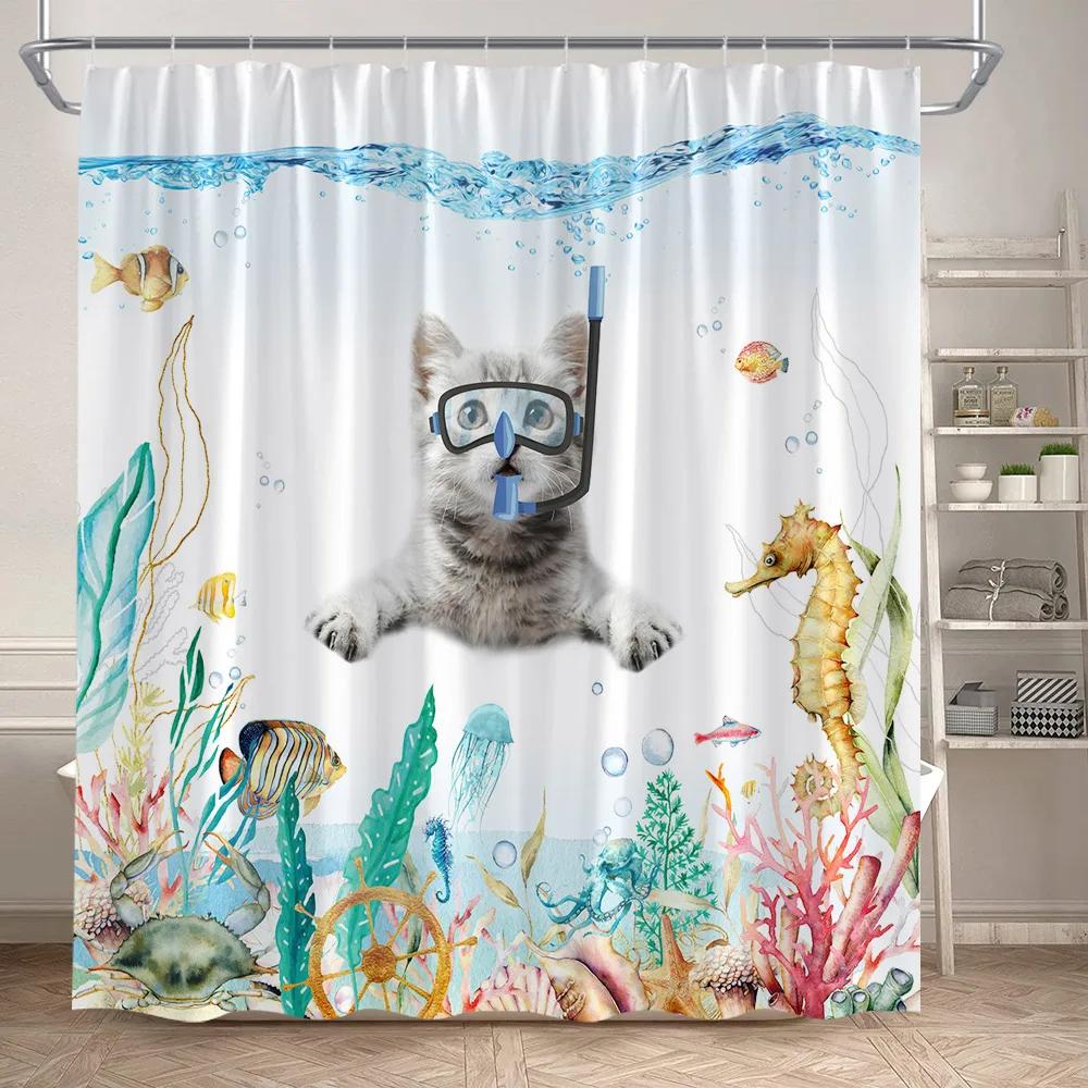 Funny Octopus Shower Curtains Marine Animal Mermaid Sailboat Vintage Nautical Map Bath Curtain Fabric Bathroom Decor with Hooks