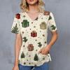 Женский топ с рождественским принтом, V-образным вырезом, двумя карманами, короткими рукавами, разрезом по подолу, униформа и одежда для ухода