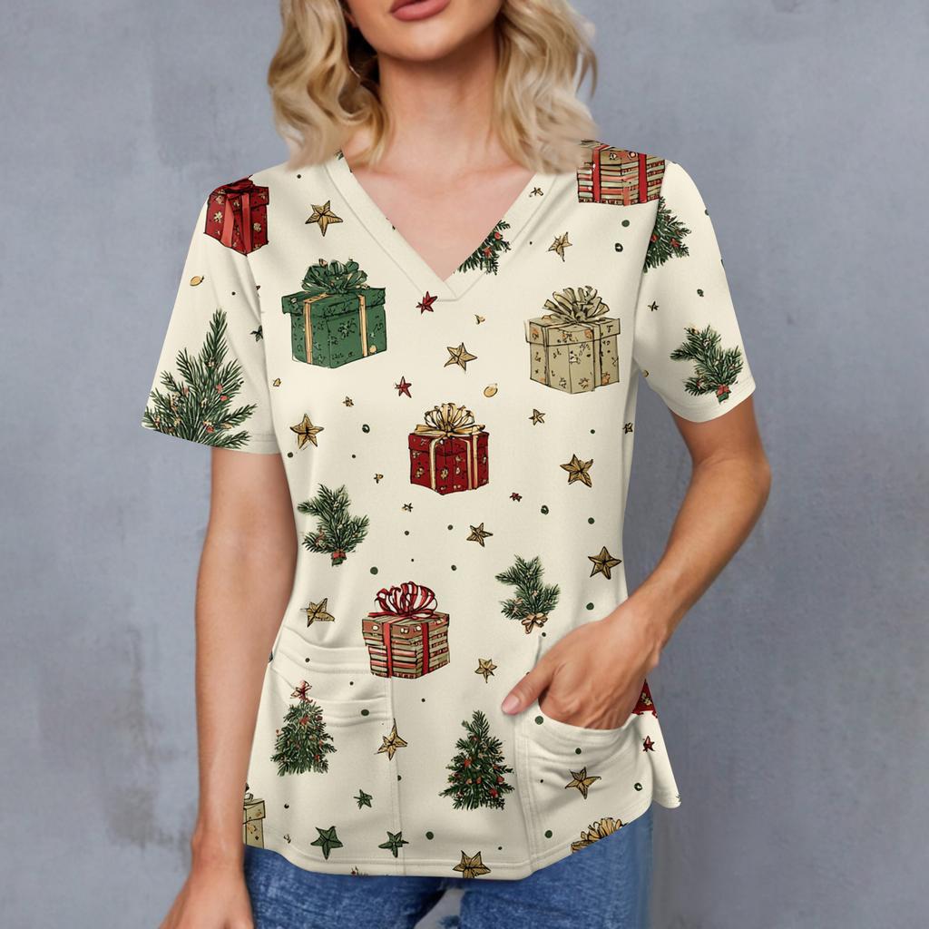 Женский топ с рождественским принтом, V-образным вырезом, двумя карманами, короткими рукавами, разрезом по подолу, униформа и одежда для ухода