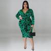Женское платье-миди большого размера с V-образным вырезом и длинным рукавом, леопардовый принт, молочный шелк, эластичный крой, 2025