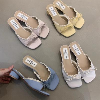 Летние женские тапочки с кружевом и бабочкой, повседневные, на толстом низком каблуке, в уличном стиле