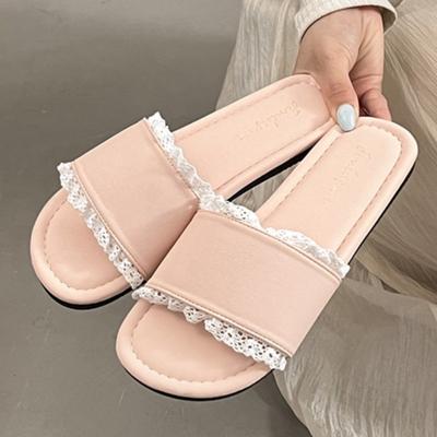 Мода 2025 Лето Новые Женские Французский Стиль Кружевные Шлепанцы с Перемычкой для Пальца на Одном Ремне Бохо Сказочные Вдохновленные Противоскользящие Уличные Пляжные Сандалии