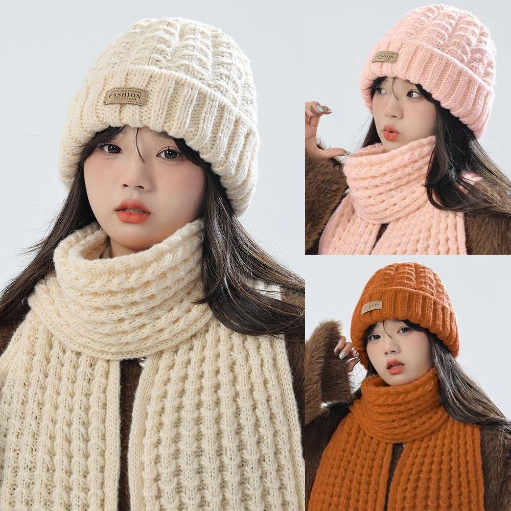 Thick Warm Wrap Hat & Scarf Warm Set Acrylic Blended Cashmer Keep Warm Cap For Travel Outdoor