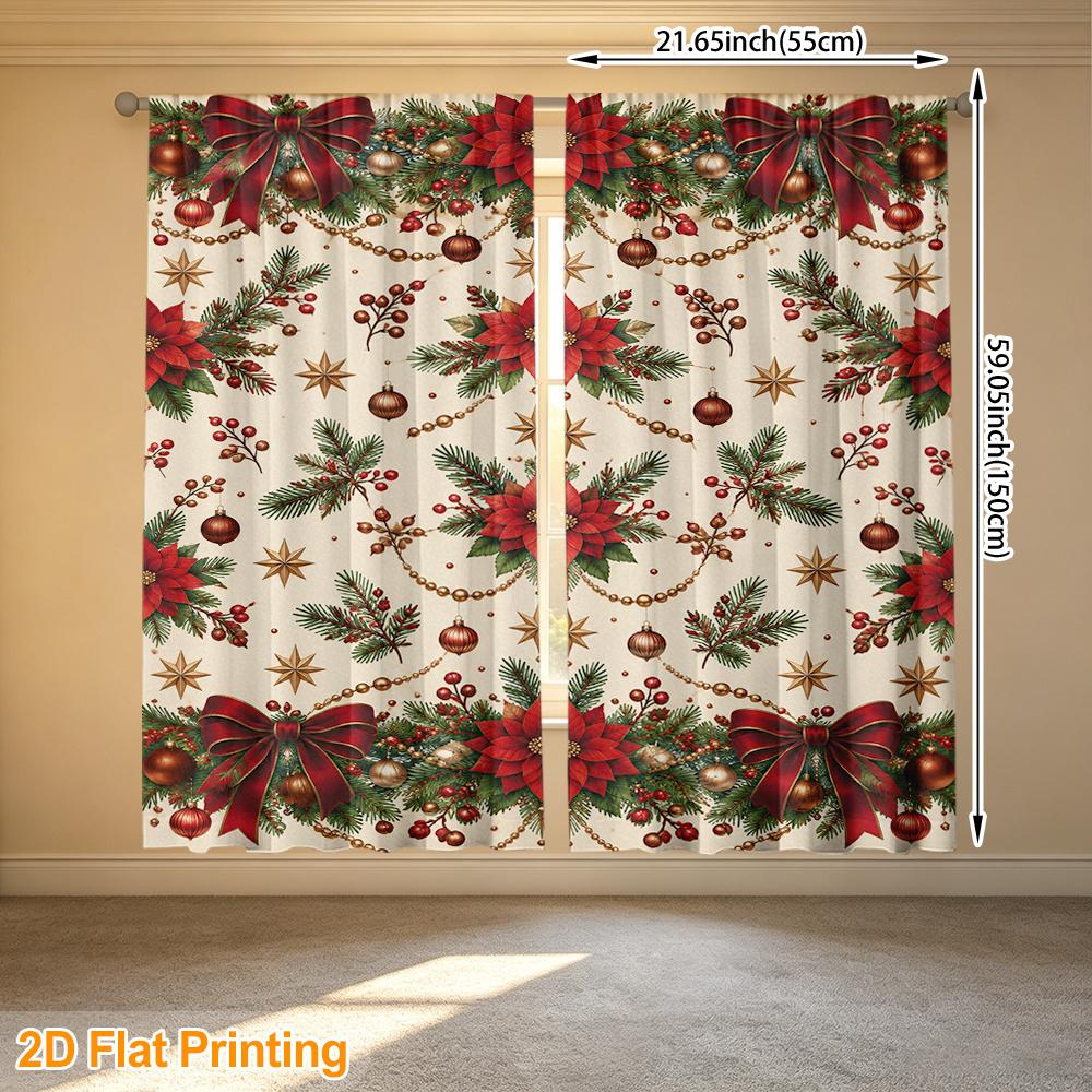 2pcs Rod Pocket Curtains with Christmas Poinsettias Bows Golden Stars Print, Stylish Window Drapes for Home Decor Living Room Bedroom