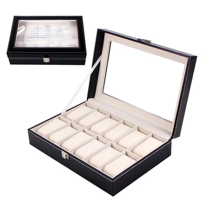 2/3/6/12 Grid PU Leather Watch Box Display Stand Black Storage Box Glass Jewelry Storage Box