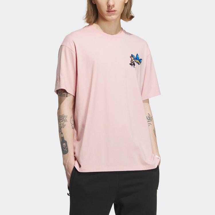 adidas Футболка Originals X Monkey Kingdom Gfx с мультяшным принтом и круглым вырезом, топы унисекс, чудесно-фиолетовый розовый IP1793