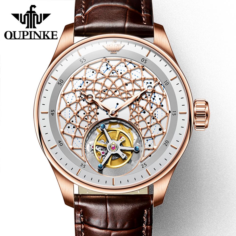 OUPINKE Мужские часы Турбийон Деловые механические часы Полые водонепроницаемые мужские часы