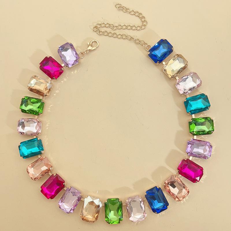 Mixed Color Rectangular 13x18 Crystal Gemstone Necklace - European & American Choker Design