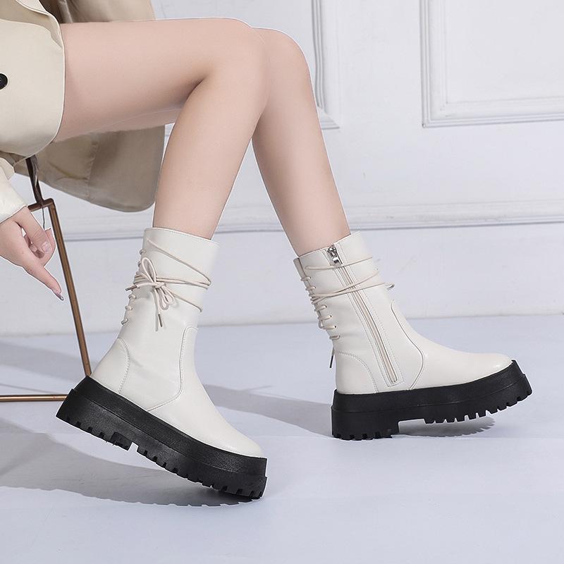 Женские сапоги 2024 года, новые кожаные сапоги на толстой подошве, женские короткие сапоги, сапоги для верховой езды с боковой молнией, со шнуровкой сзади, сапоги средней длины