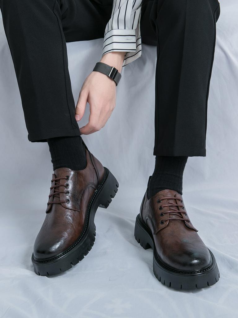 Модные новые толстые туфли с круглым носком в школьном стиле из кожи, мужские деловые туфли на шнуровке, модная обувь в корейском стиле