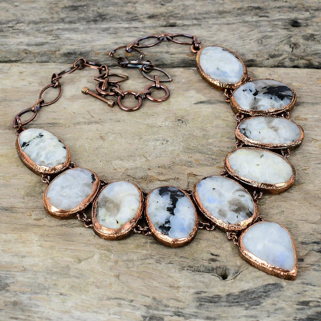 Ожерелье из радужного лунного камня Ожерелье из электроформованной меди Регулируемая цепочка Ожерелье Изысканное ожерелье из драгоценных камней Медные украшения ручной работы для подарка