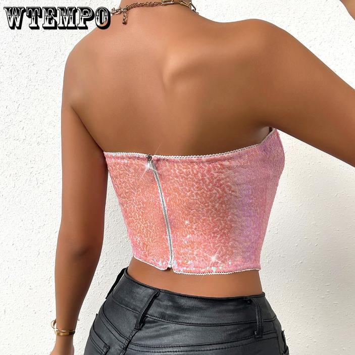 European and American Spicy Girls Bust Wrap Fashion Bead Zipper Heavy Industry Strapless Women's Top Street Trend Party Sexy Girl