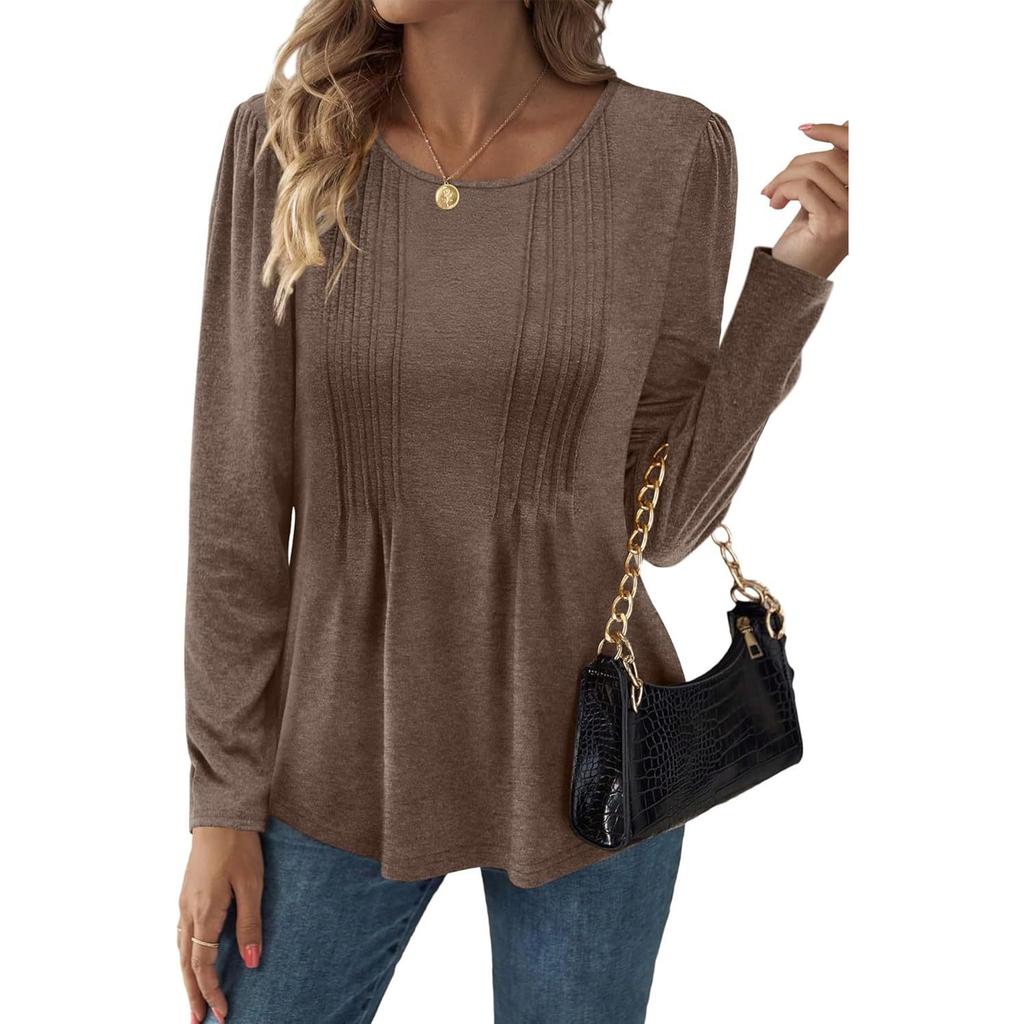 GMXIA Футболка женская с длинным рукавом и круглым вырезом в полоску, однотонная, осенне-зимняя