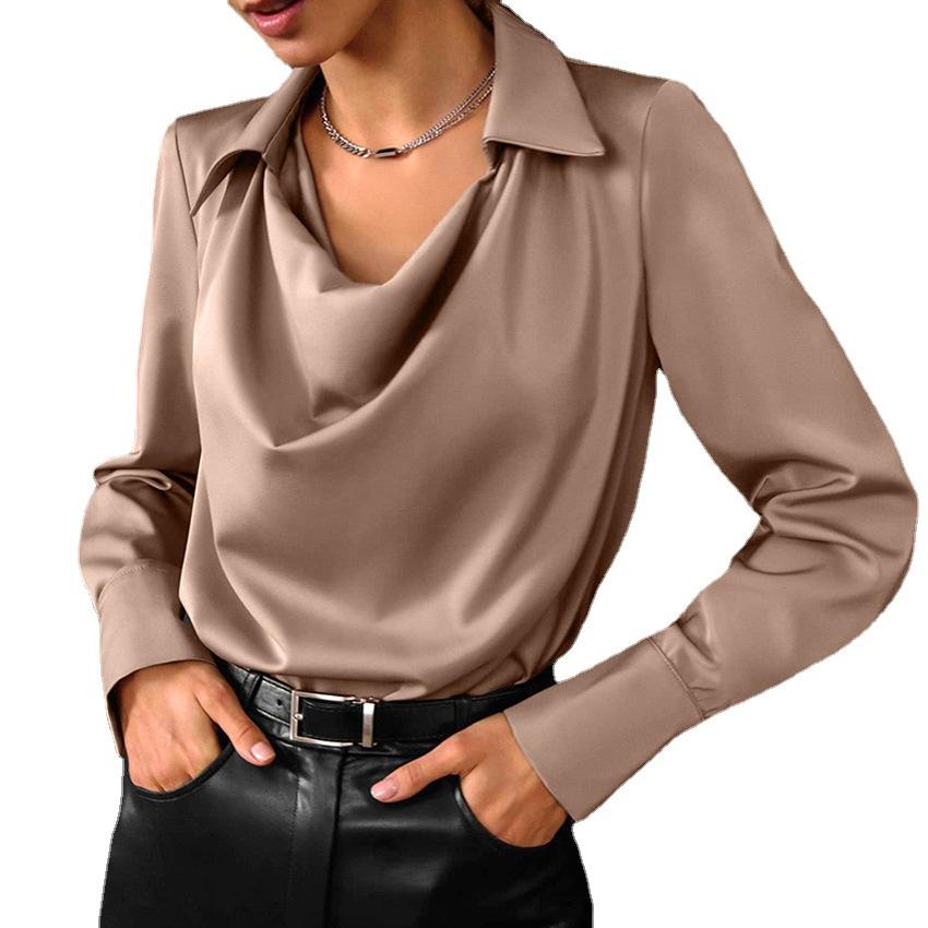 Workplace women's clothing European and American autumn new white light ripe top long-sleeved women's irregular collar drape shirt