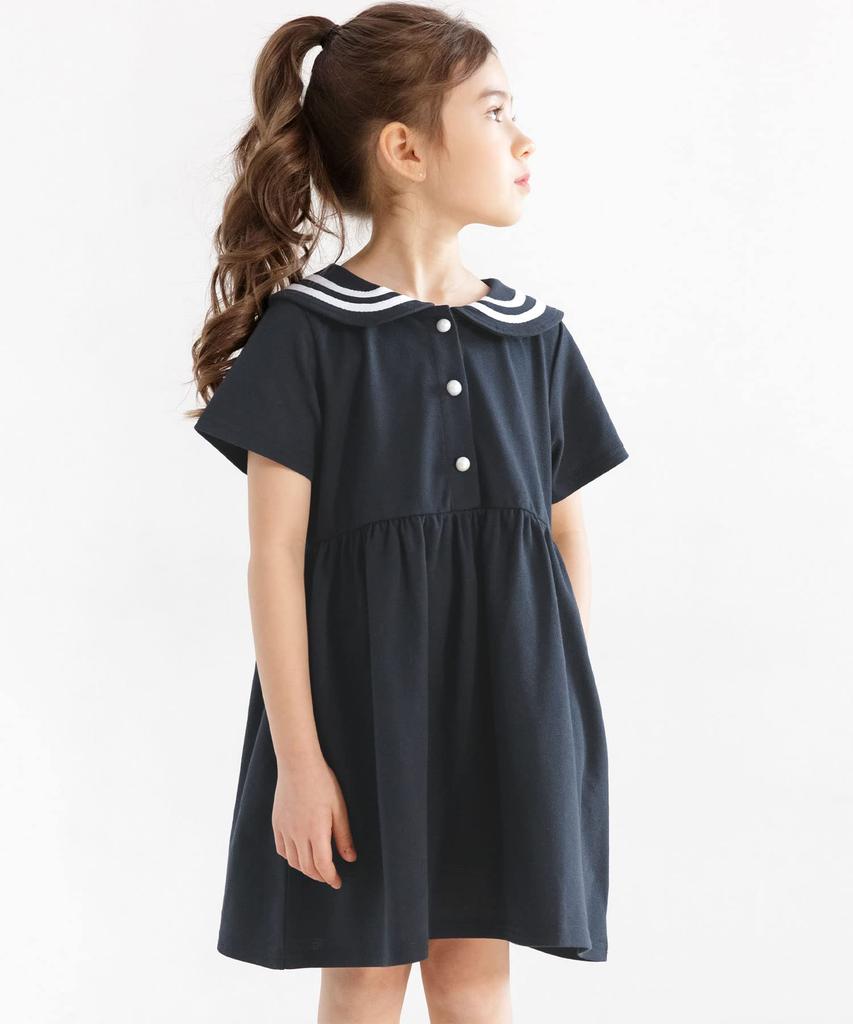 Bee Sailor Dress for Short Navy Girls, Kids, Sleeves, Collar, Pockets, Summer, shh01843, 140cm,