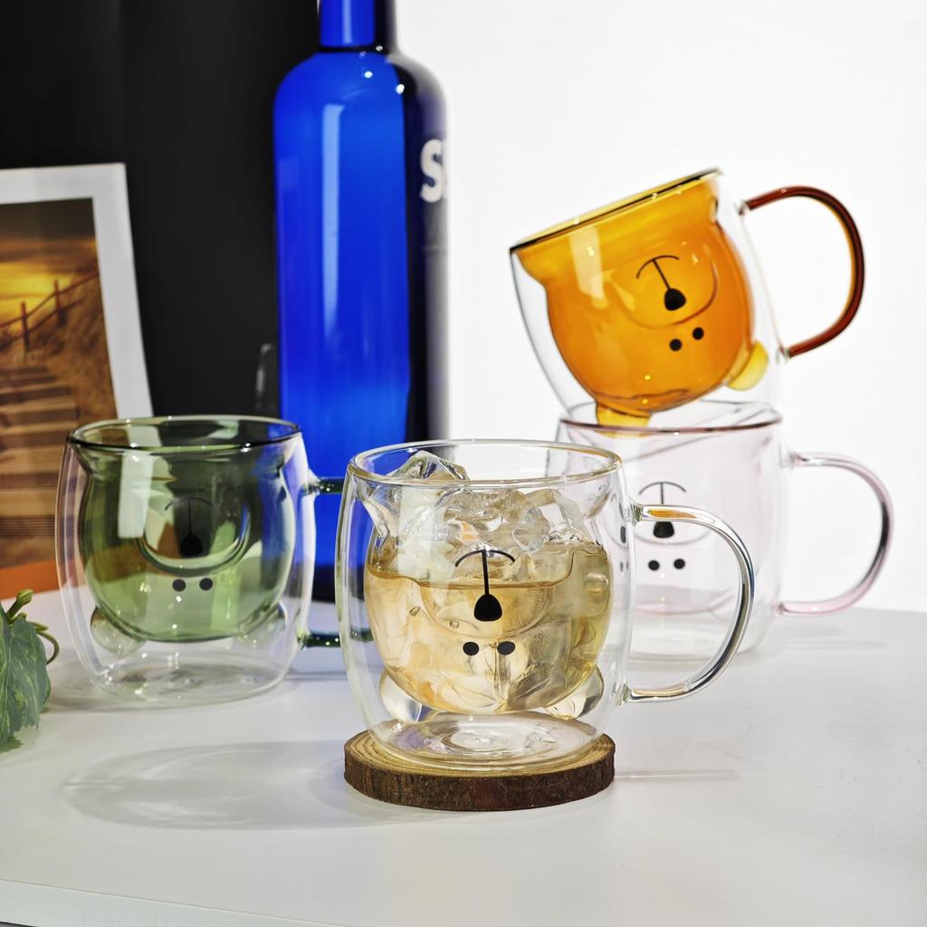 Nishida Glass Bear Cup Cup Set Cute Glass with Insulates Hot and Cold and Bear Mug Mug Double-Walled Heat-Resistant & (250ml) Double-Walled